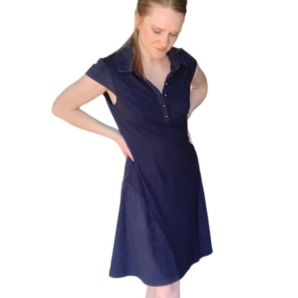 Nanette Dress Navy Suede, Collar, Filigreed Buttons, Size 8 fit & flare